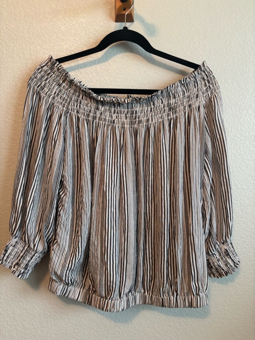 Evereve Black & White Striped Off-Shoulder Smocked Blouse